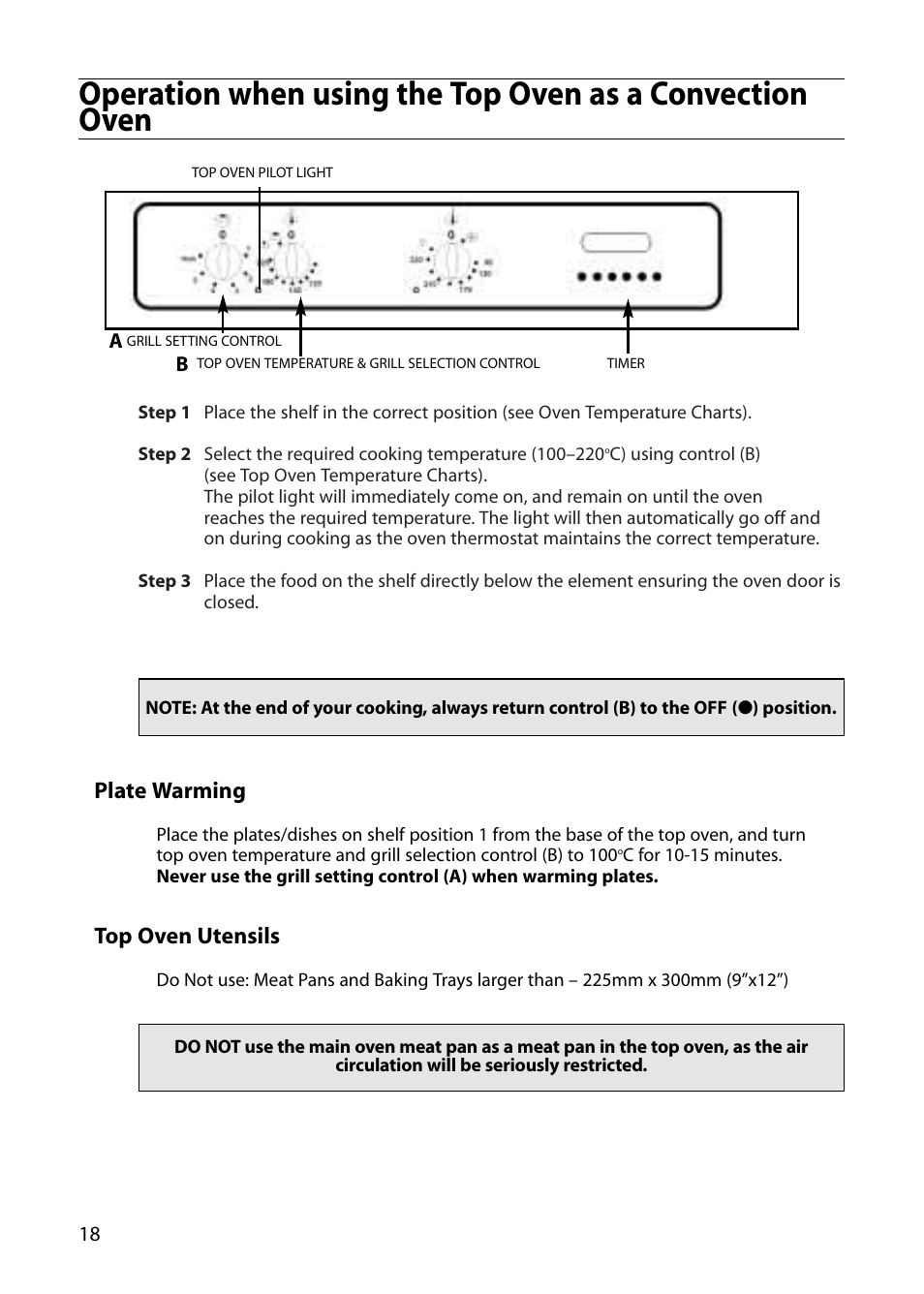 Plate warming, Top oven utensils | Indesit FDU20 User Manual | Page 18 / 36