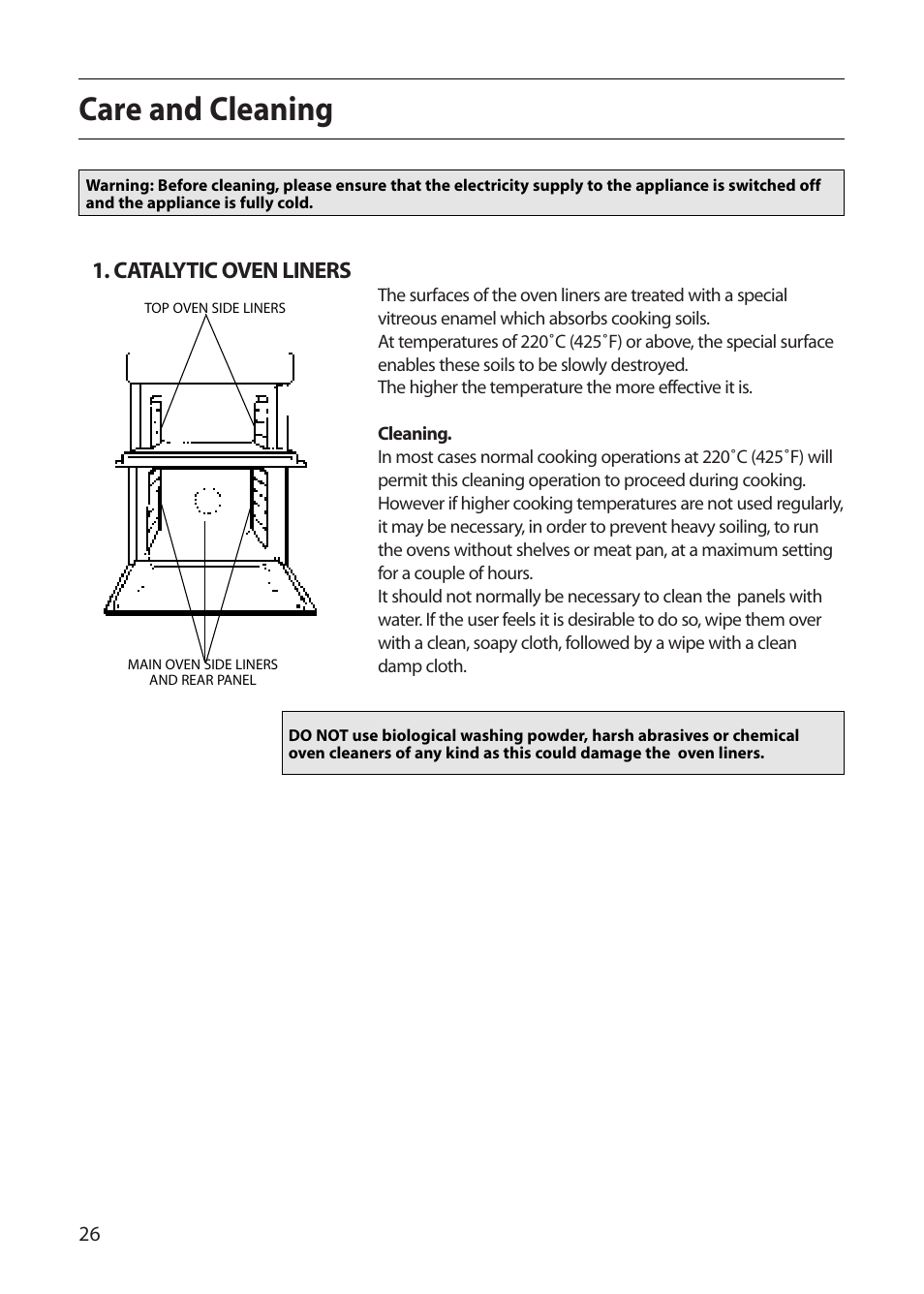 Care and cleaning, Catalytic oven liners | Indesit FDU20 User Manual | Page 26 / 36