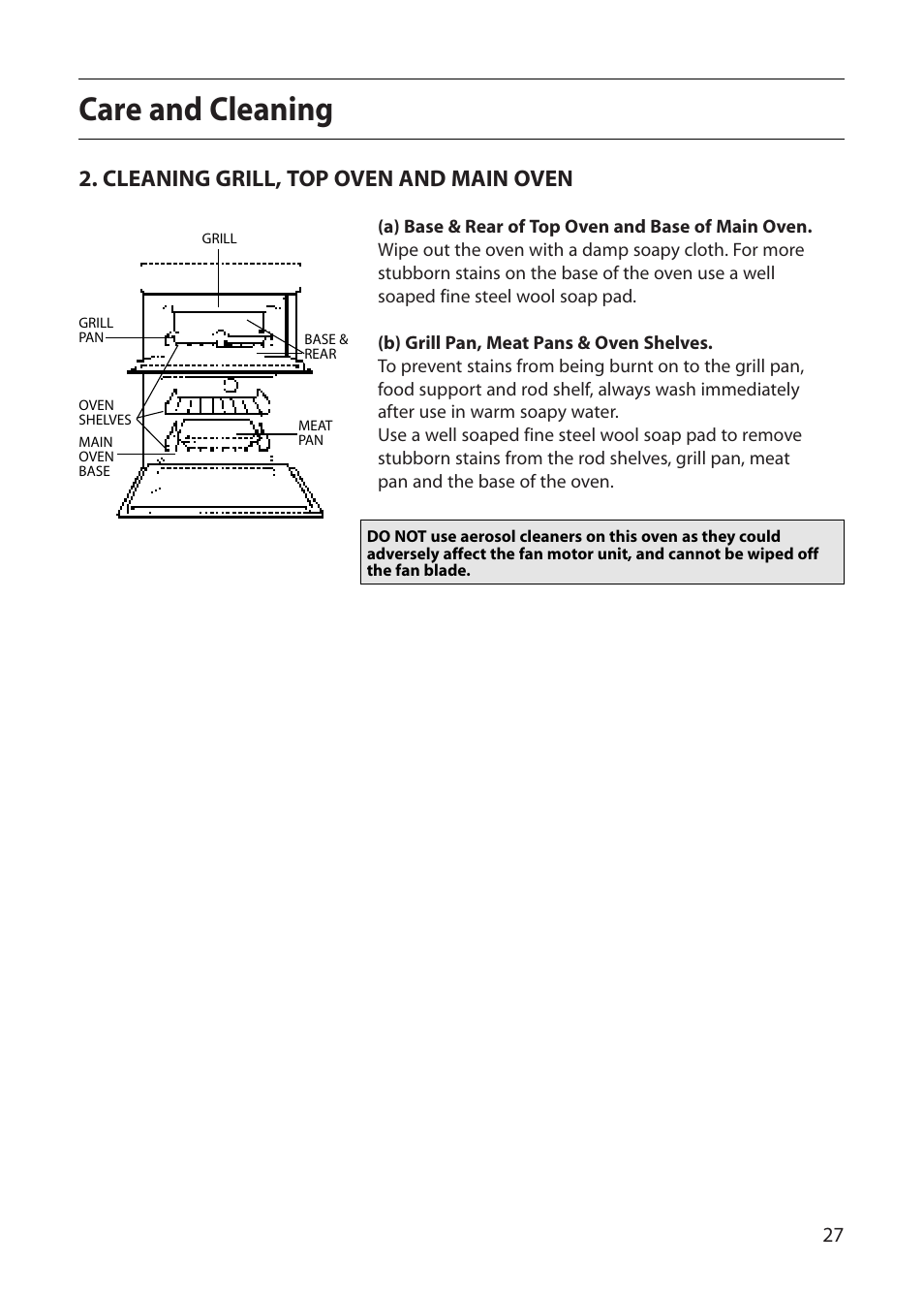 Care and cleaning, Cleaning grill, top oven and main oven | Indesit FDU20 User Manual | Page 27 / 36