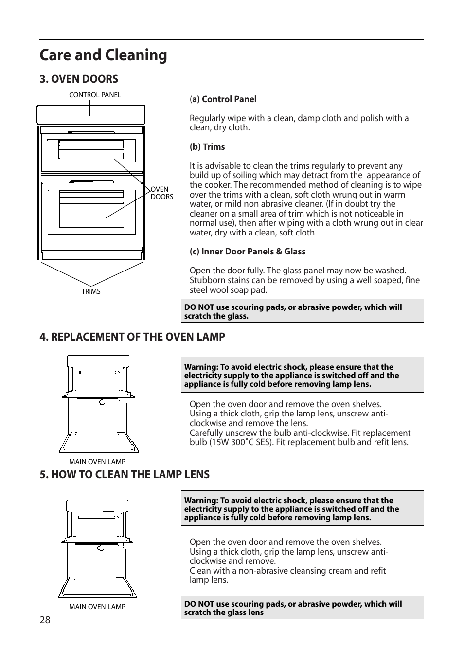 Care and cleaning, Oven doors, Replacement of the oven lamp | How to clean the lamp lens | Indesit FDU20 User Manual | Page 28 / 36