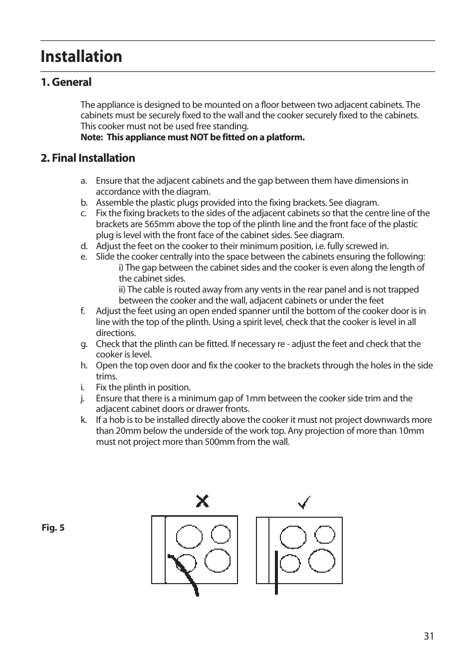 Installation | Indesit FDU20 User Manual | Page 31 / 36