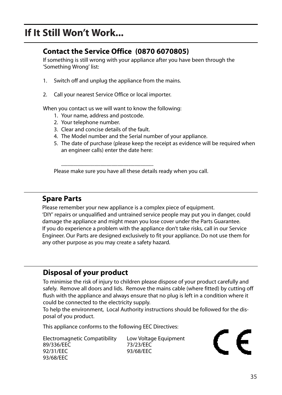 If it still won’t work, Disposal of your product, Spare parts | Indesit FDU20 User Manual | Page 35 / 36