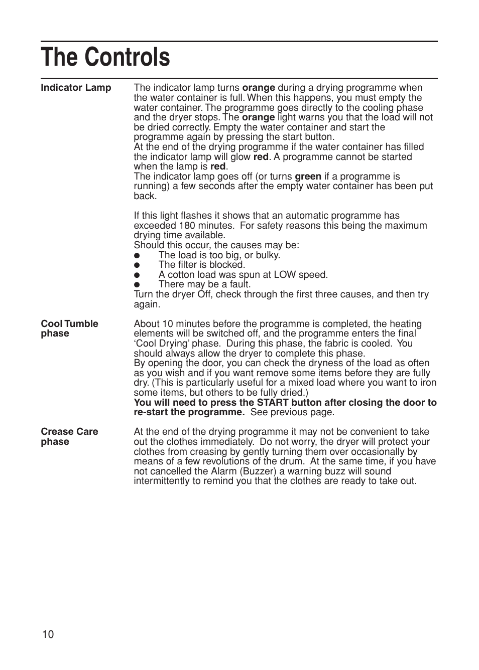 The controls | Indesit G85C User Manual | Page 10 / 20