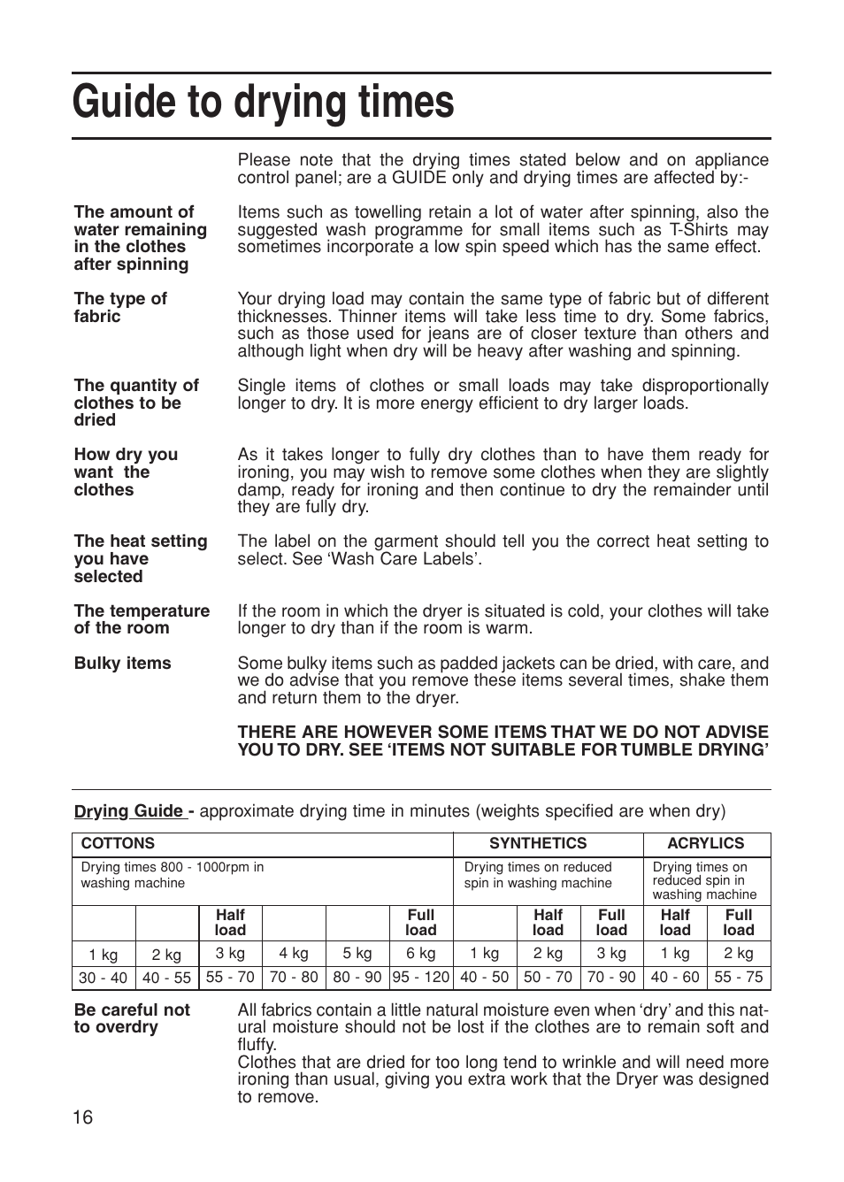 Guide to drying times | Indesit G85C User Manual | Page 16 / 20