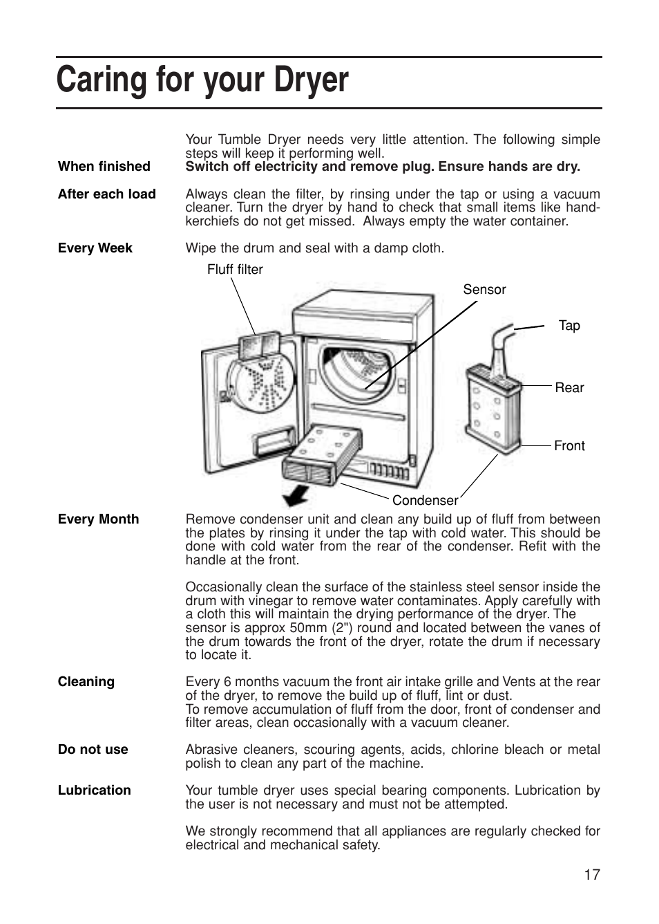 Caring for your dryer | Indesit G85C User Manual | Page 17 / 20