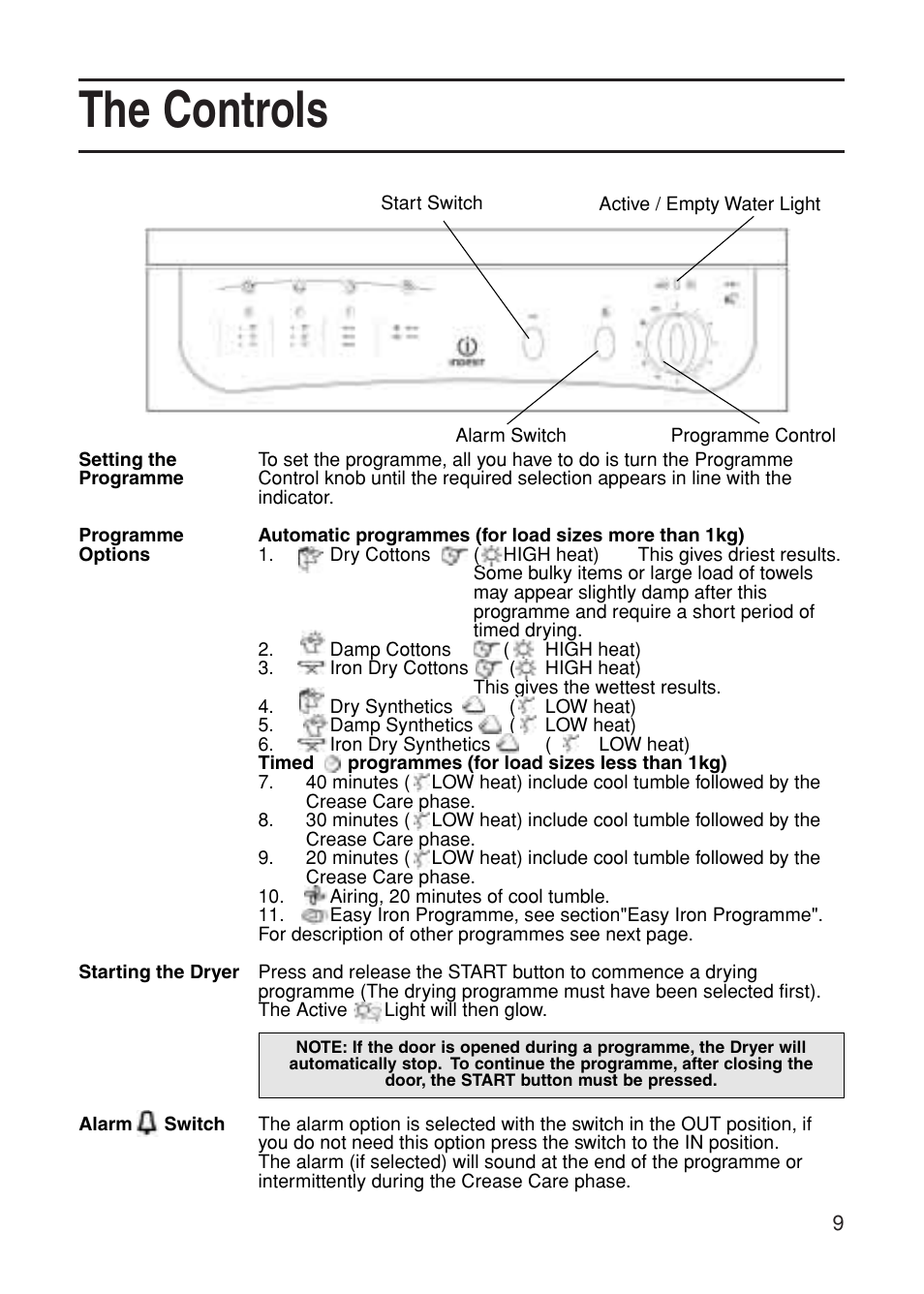 The controls | Indesit G85C User Manual | Page 9 / 20