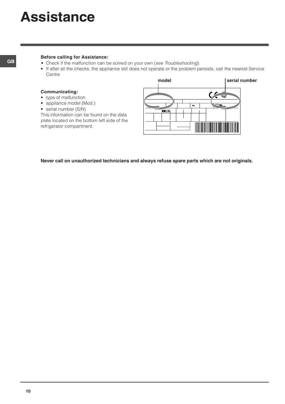 Assistance, Model serial number | Indesit TZA 1 User Manual | Page 10 / 12