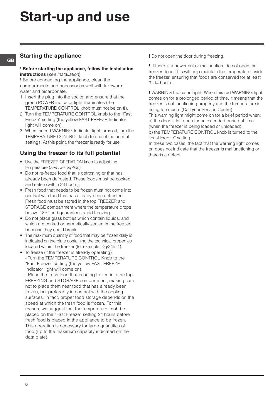 Start-up and use | Indesit TZA 1 User Manual | Page 6 / 12