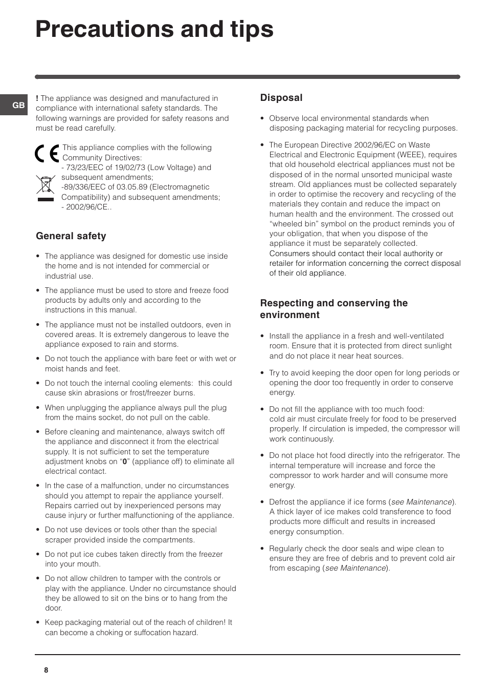 Precautions and tips | Indesit TZA 1 User Manual | Page 8 / 12