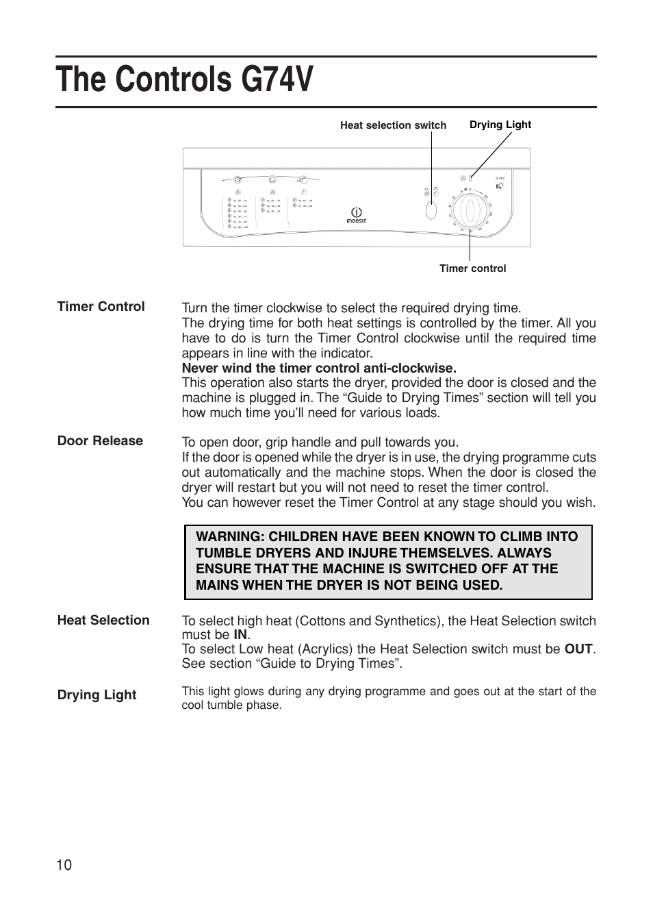 The controls g74v | Indesit G74V User Manual | Page 10 / 20