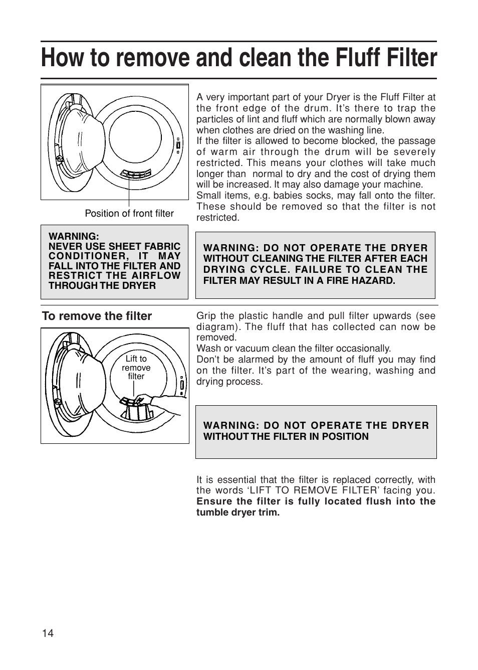 How to remove and clean the fluff filter | Indesit G74V User Manual | Page 14 / 20