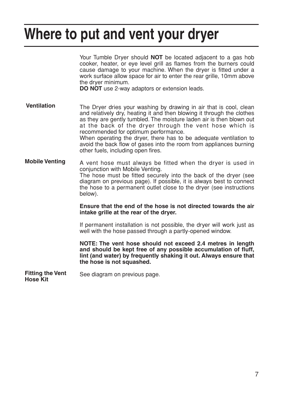 Where to put and vent your dryer | Indesit G74V User Manual | Page 7 / 20