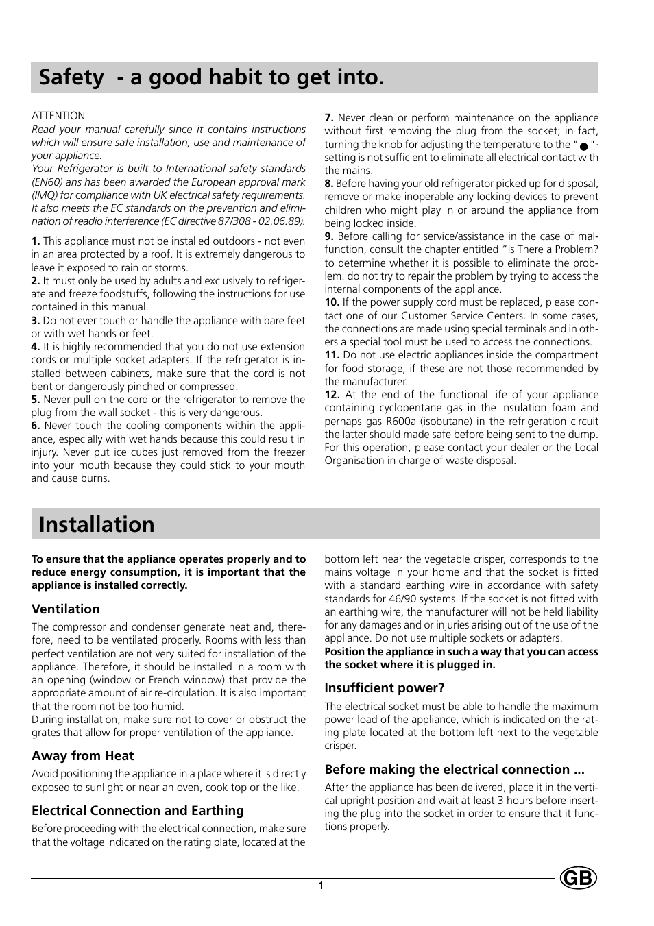 Safety - a good habit to get into, Installation | Indesit IN-C 3100 User Manual | Page 3 / 12