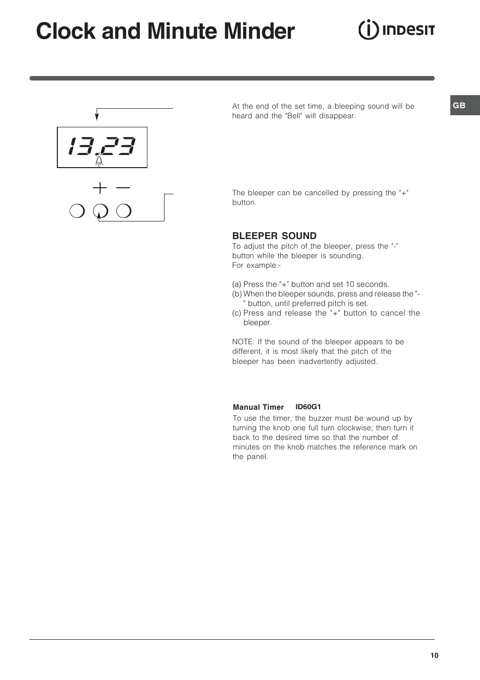 Clock and minute minder | Indesit Free Standing Gas Cooker ID60G2 User Manual | Page 10 / 24