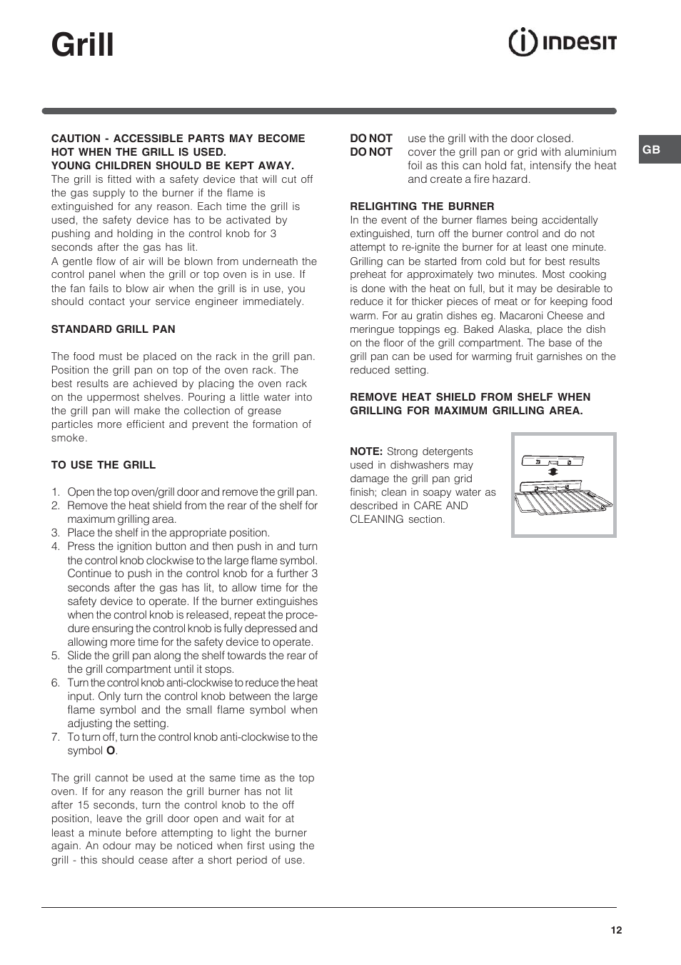 Grill | Indesit Free Standing Gas Cooker ID60G2 User Manual | Page 12 / 24