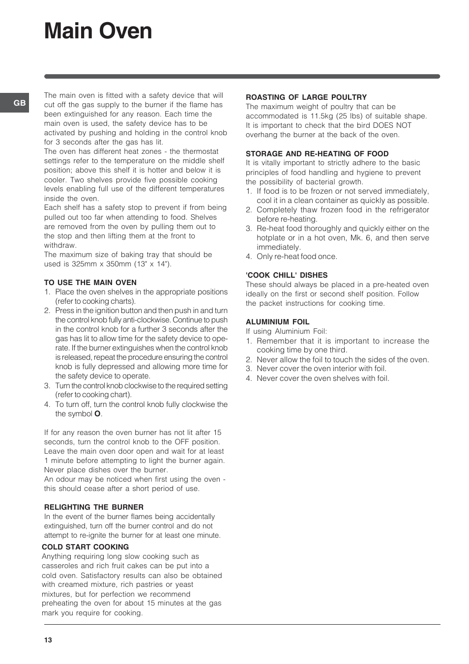 Main oven | Indesit Free Standing Gas Cooker ID60G2 User Manual | Page 13 / 24