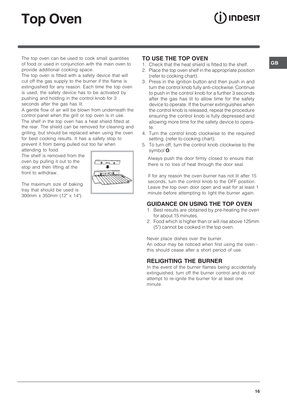 Top oven | Indesit Free Standing Gas Cooker ID60G2 User Manual | Page 16 / 24