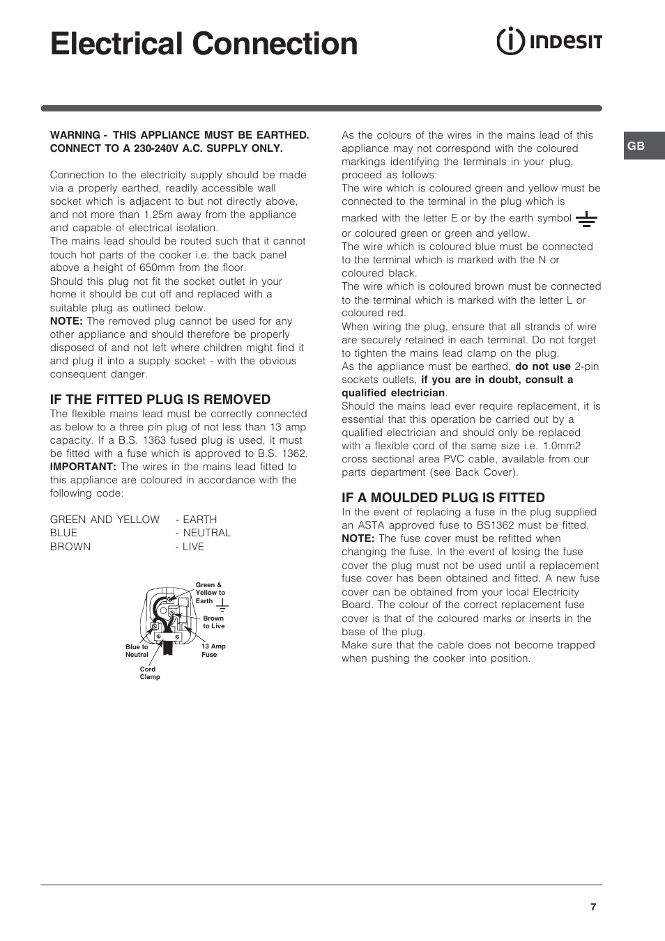 Electrical connection, If the fitted plug is removed, If a moulded plug is fitted | Indesit Free Standing Gas Cooker ID60G2 User Manual | Page 7 / 24