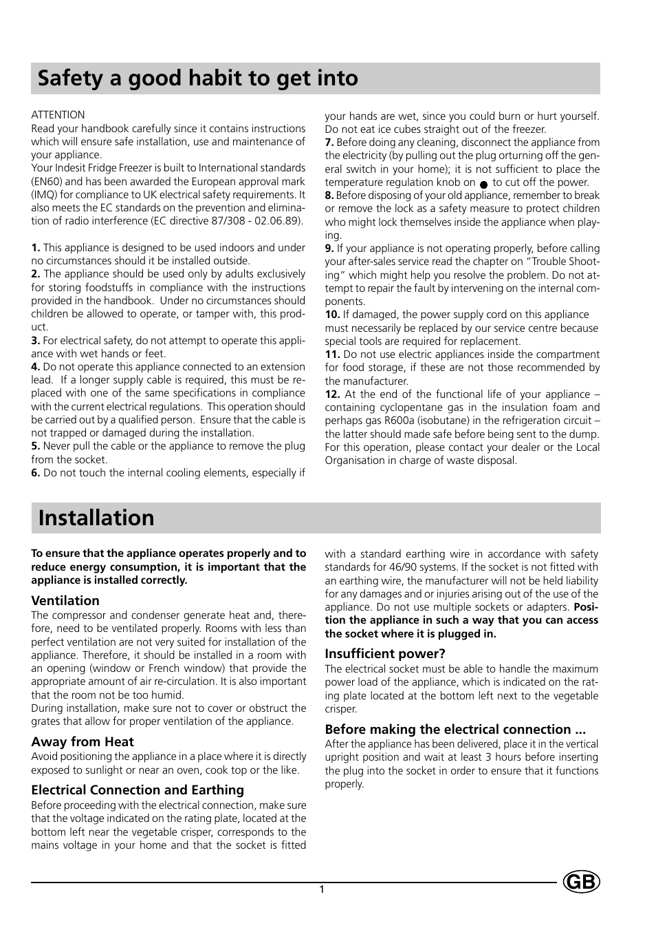 Safety a good habit to get into installation | Indesit GSE 160 UK User Manual | Page 3 / 12