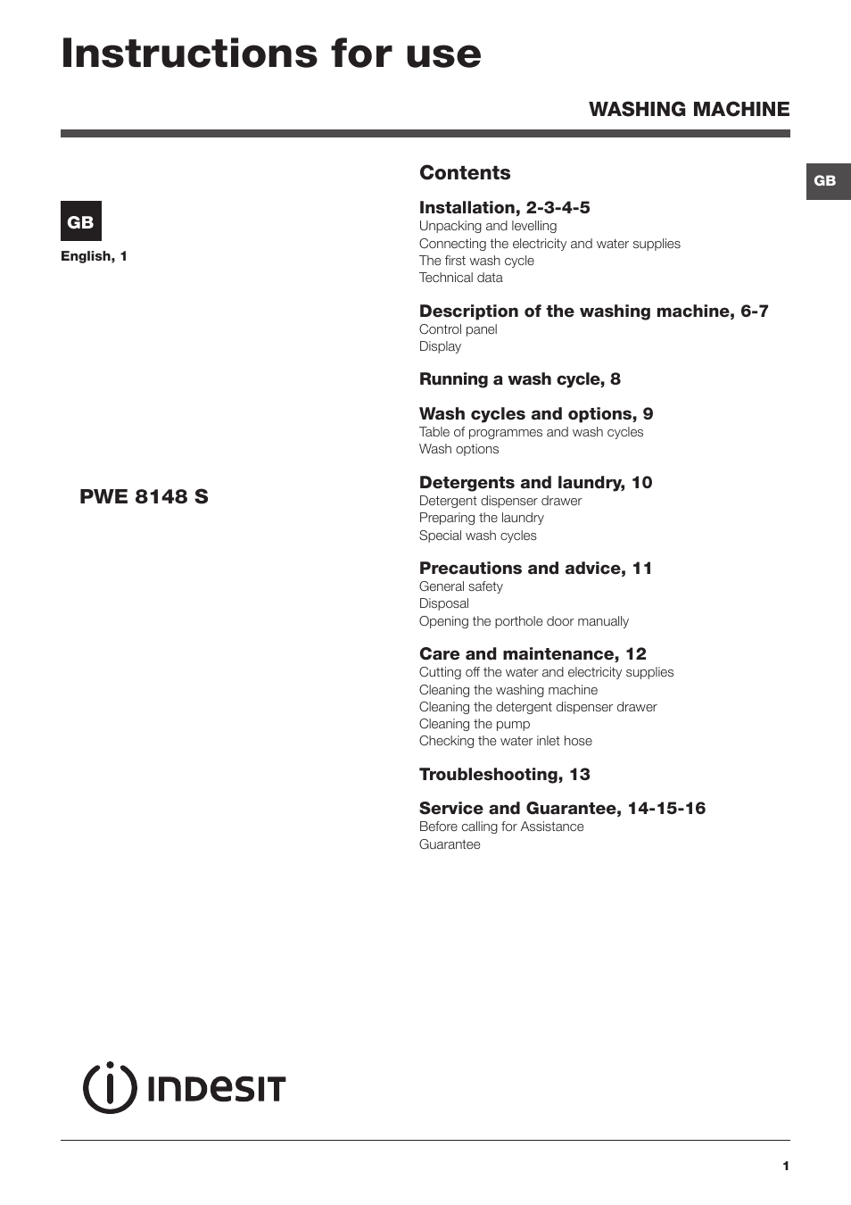 Indesit PWE 8148 S User Manual | 16 pages