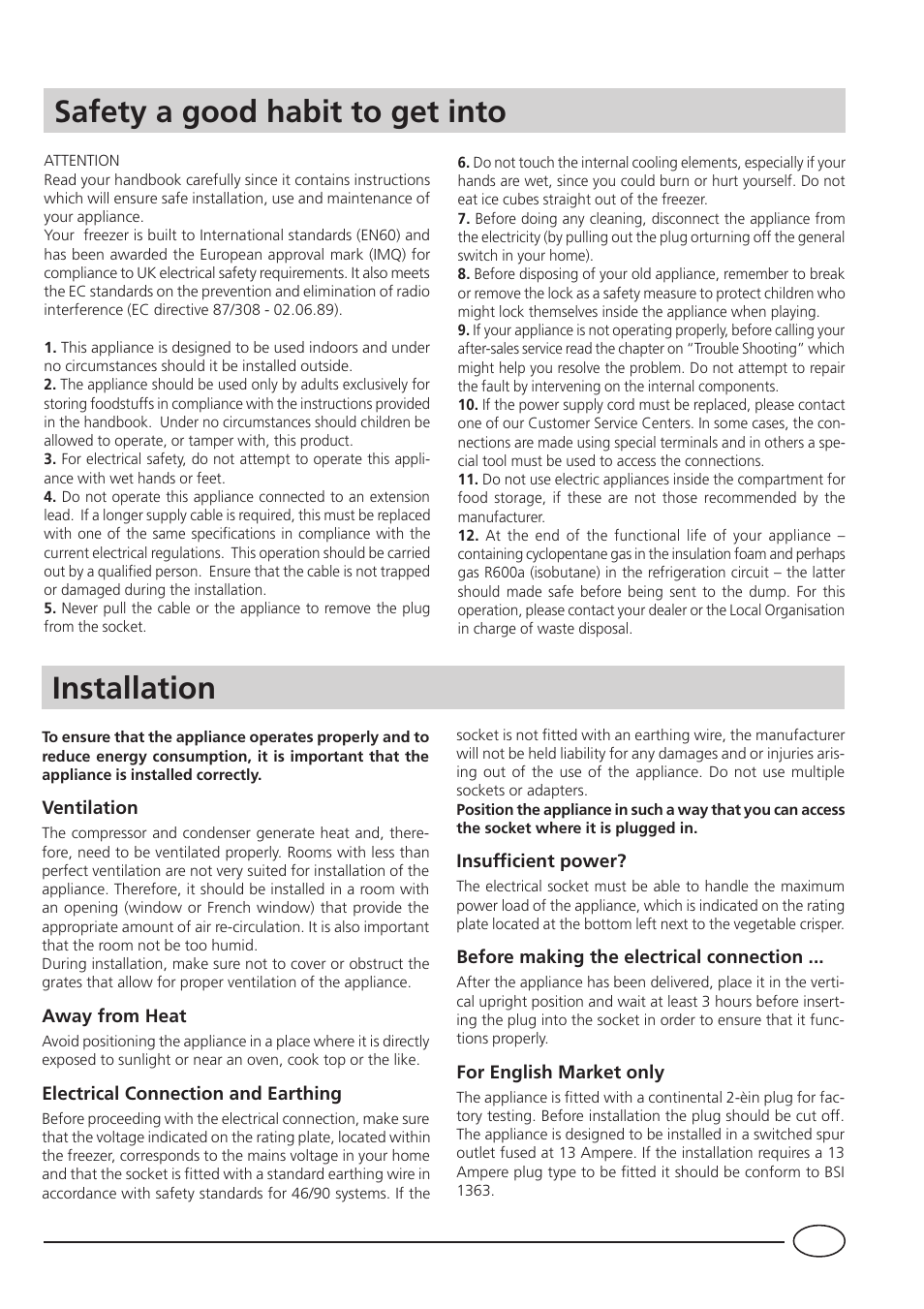 Safety a good habit to get into, Installation | Indesit IN F 140 UK User Manual | Page 3 / 12