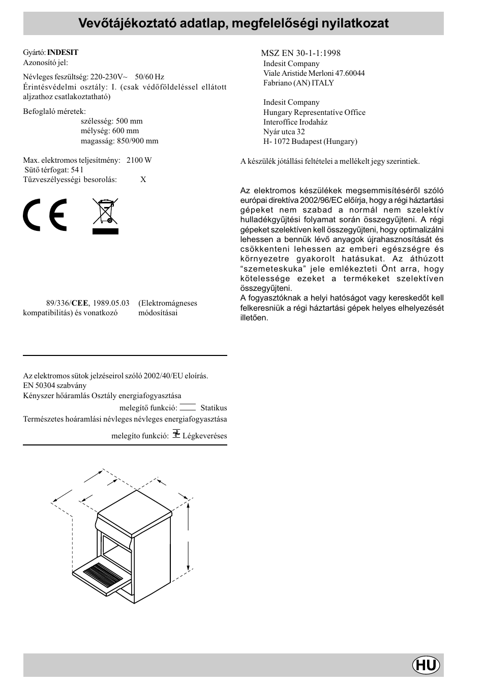 Vevõtájékoztató adatlap, megfelelõségi nyilatkozat | Indesit K3G51S/HU User Manual | Page 19 / 28