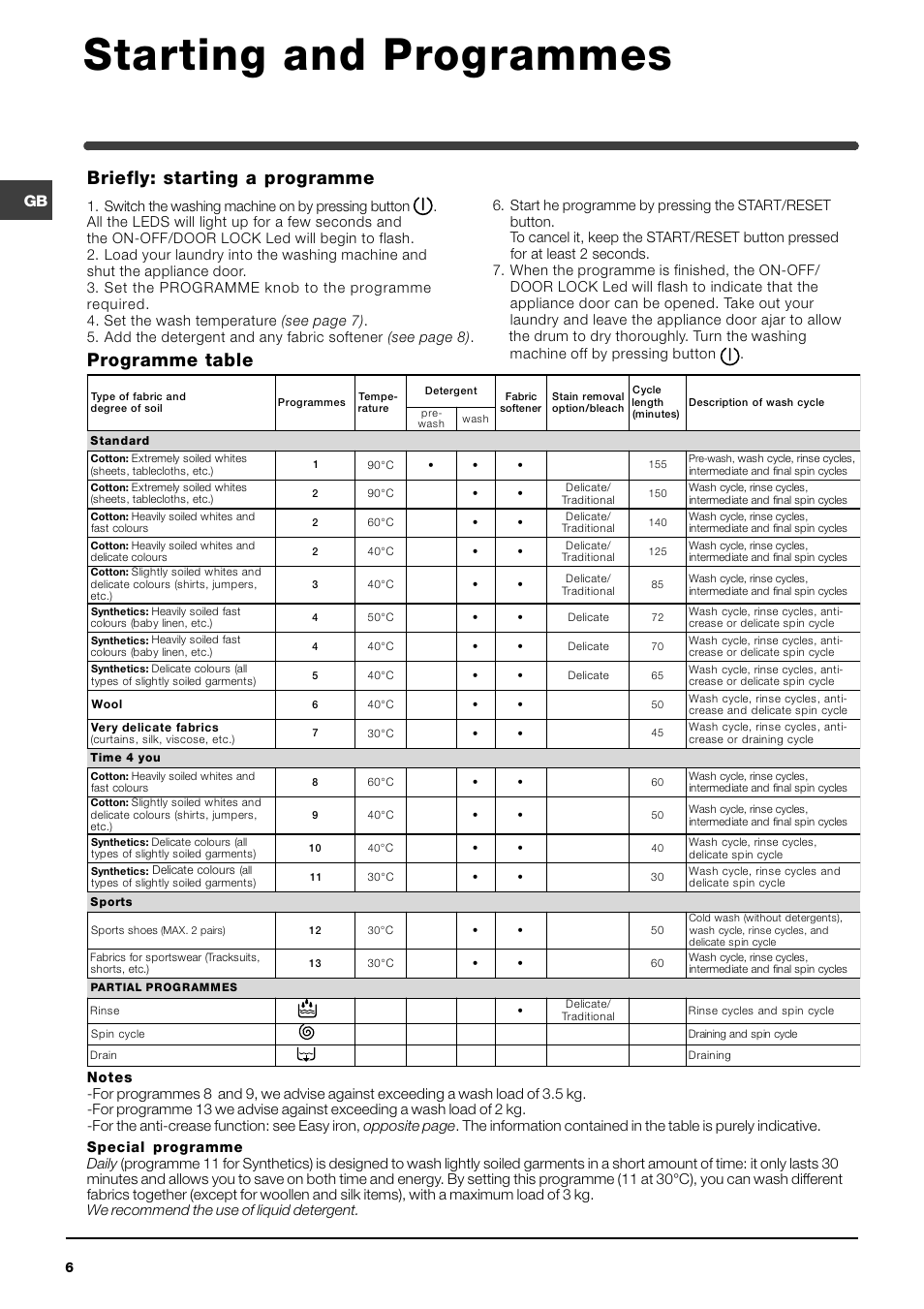 Starting and programmes, Programme table briefly: starting a programme | Indesit WIXL 126 User Manual | Page 6 / 12