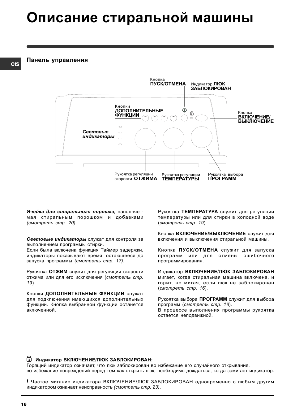 Описание стиральной машины, Панель управления | Indesit WITL 86 User Manual | Page 16 / 72