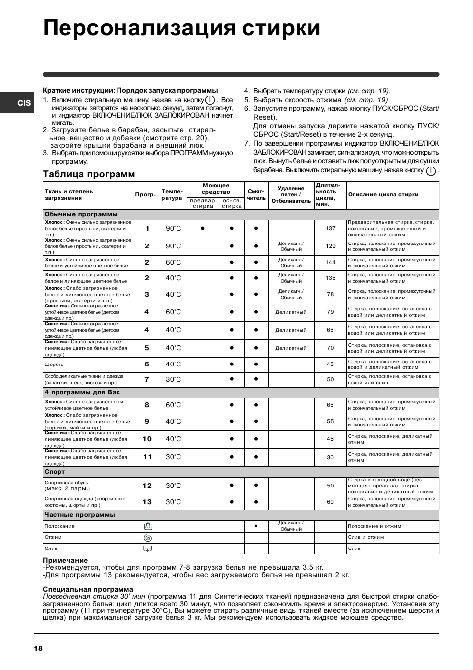 Персонализация стирки, Таблица программ | Indesit WITL 86 User Manual | Page 18 / 72