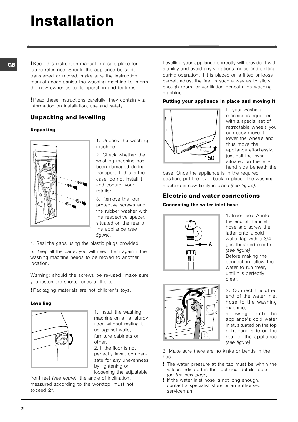 Installation, Unpacking and levelling, Electric and water connections | Indesit WITL 86 User Manual | Page 2 / 72