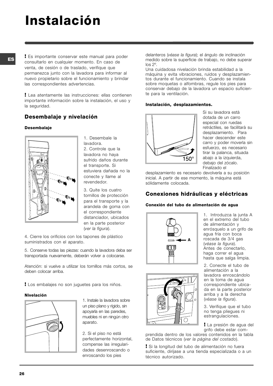 Instalación, Desembalaje y nivelación, Conexiones hidráulicas y eléctricas | Indesit WITL 86 User Manual | Page 26 / 72