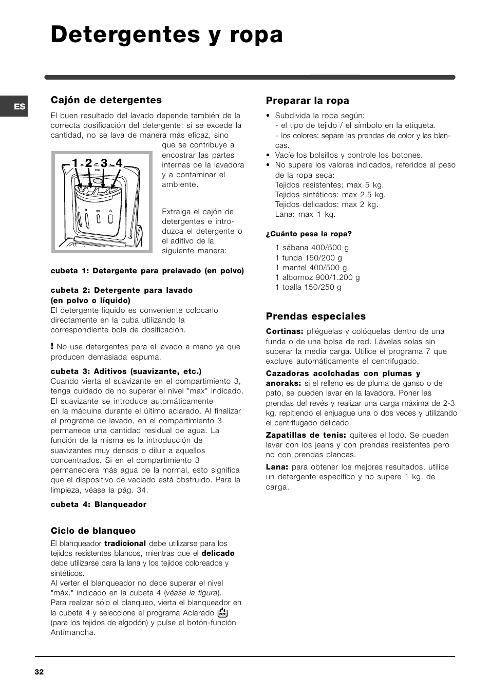 Detergentes y ropa | Indesit WITL 86 User Manual | Page 32 / 72