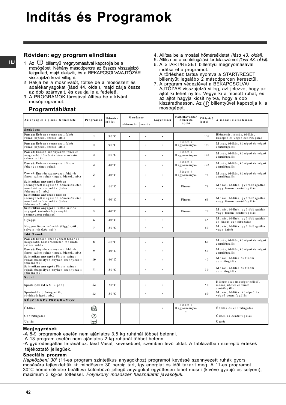 Indítás és programok, Röviden: egy program elindítása, Programtáblázat | Indesit WITL 86 User Manual | Page 42 / 72