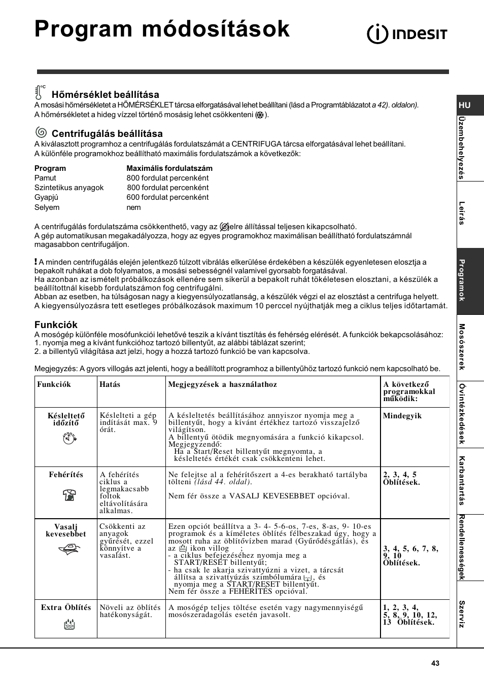 Program módosítások, Hõmérséklet beállítása, Centrifugálás beállítása | Funkciók | Indesit WITL 86 User Manual | Page 43 / 72