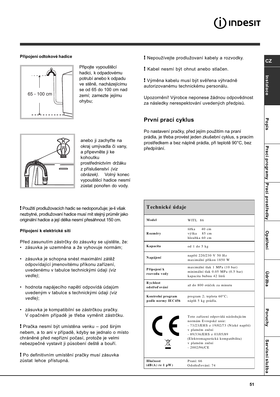 První prací cyklus | Indesit WITL 86 User Manual | Page 51 / 72