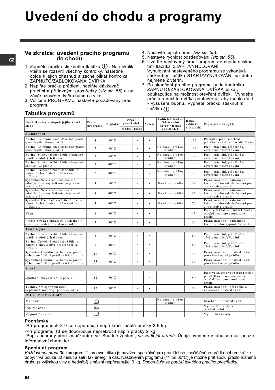 Uvedení do chodu a programy | Indesit WITL 86 User Manual | Page 54 / 72
