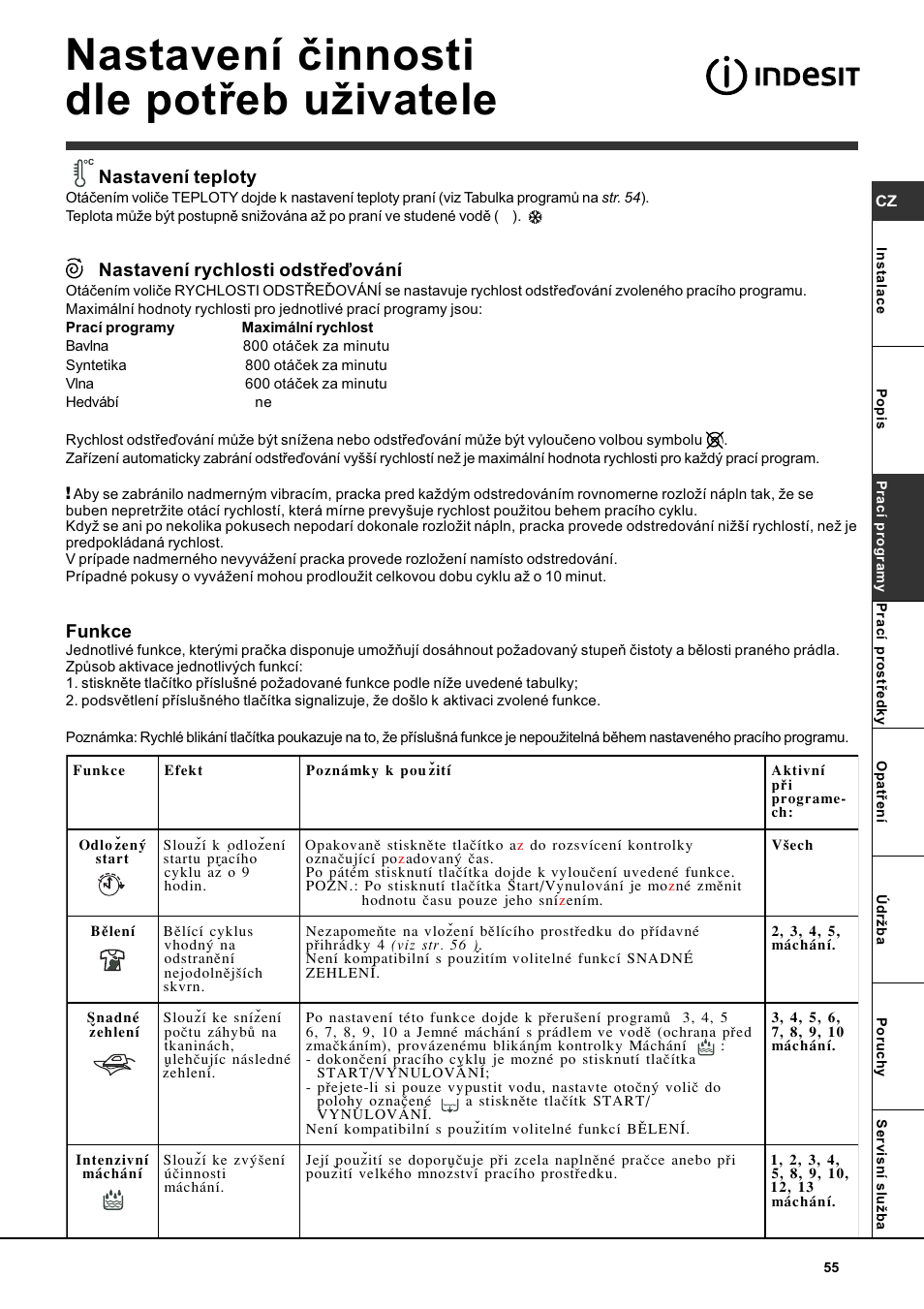 Nastavení èinnosti dle potøeb uivatele, Nastavení teploty, Nastavení rychlosti odstøeïování | Funkce | Indesit WITL 86 User Manual | Page 55 / 72