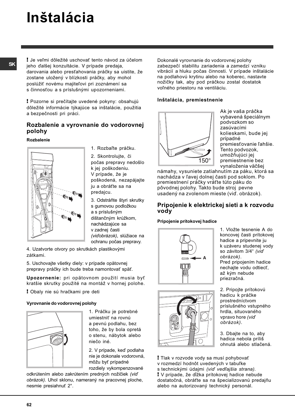 Intalácia | Indesit WITL 86 User Manual | Page 62 / 72