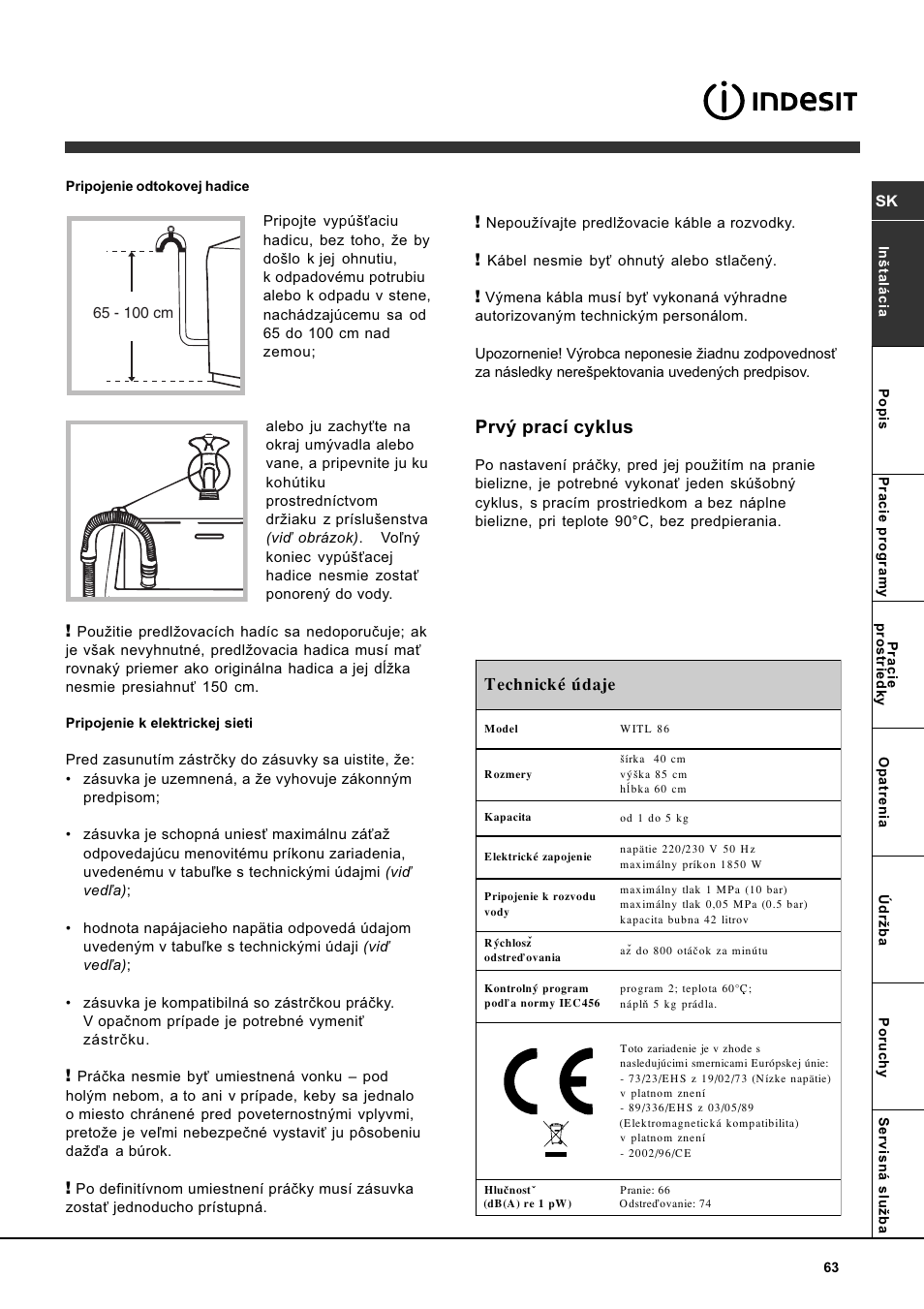 Prvý prací cyklus | Indesit WITL 86 User Manual | Page 63 / 72