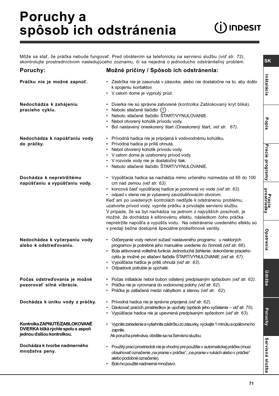 Poruchy a spôsob ich odstránenia | Indesit WITL 86 User Manual | Page 71 / 72