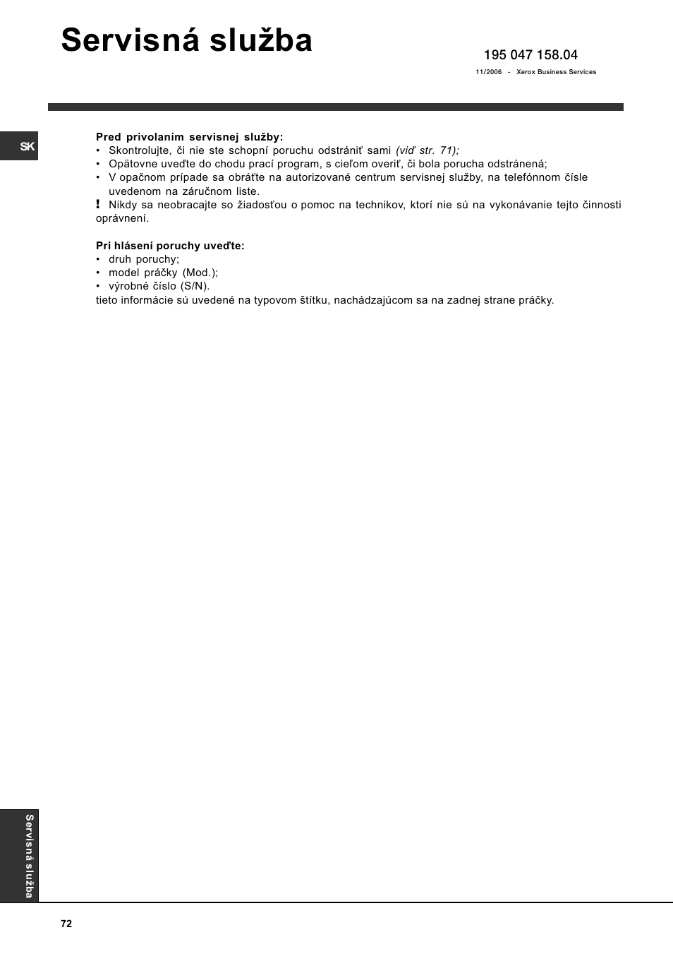 Servisná sluba | Indesit WITL 86 User Manual | Page 72 / 72