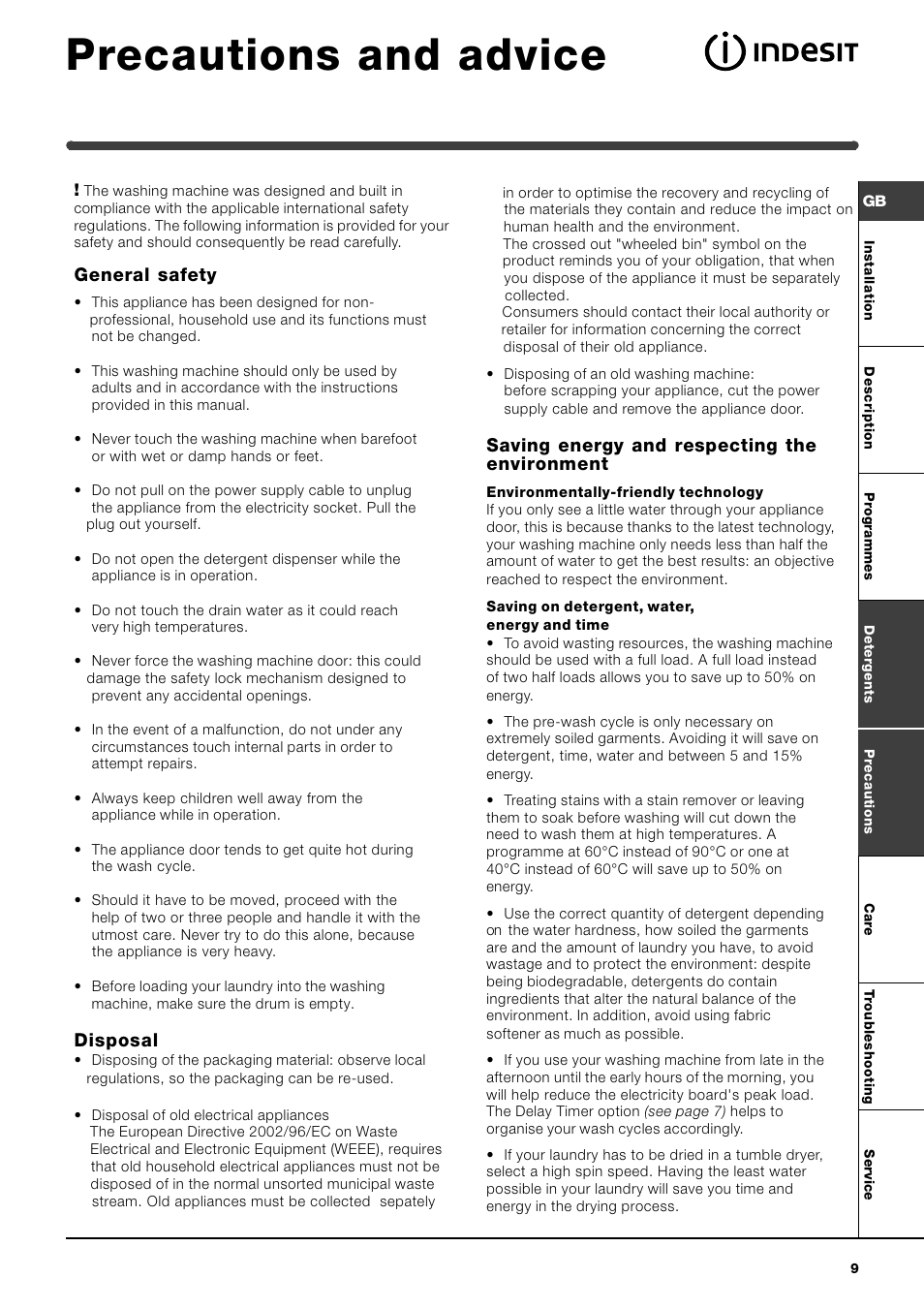 Precautions and advice, General safety, Disposal | Saving energy and respecting the environment | Indesit WITL 86 User Manual | Page 9 / 72