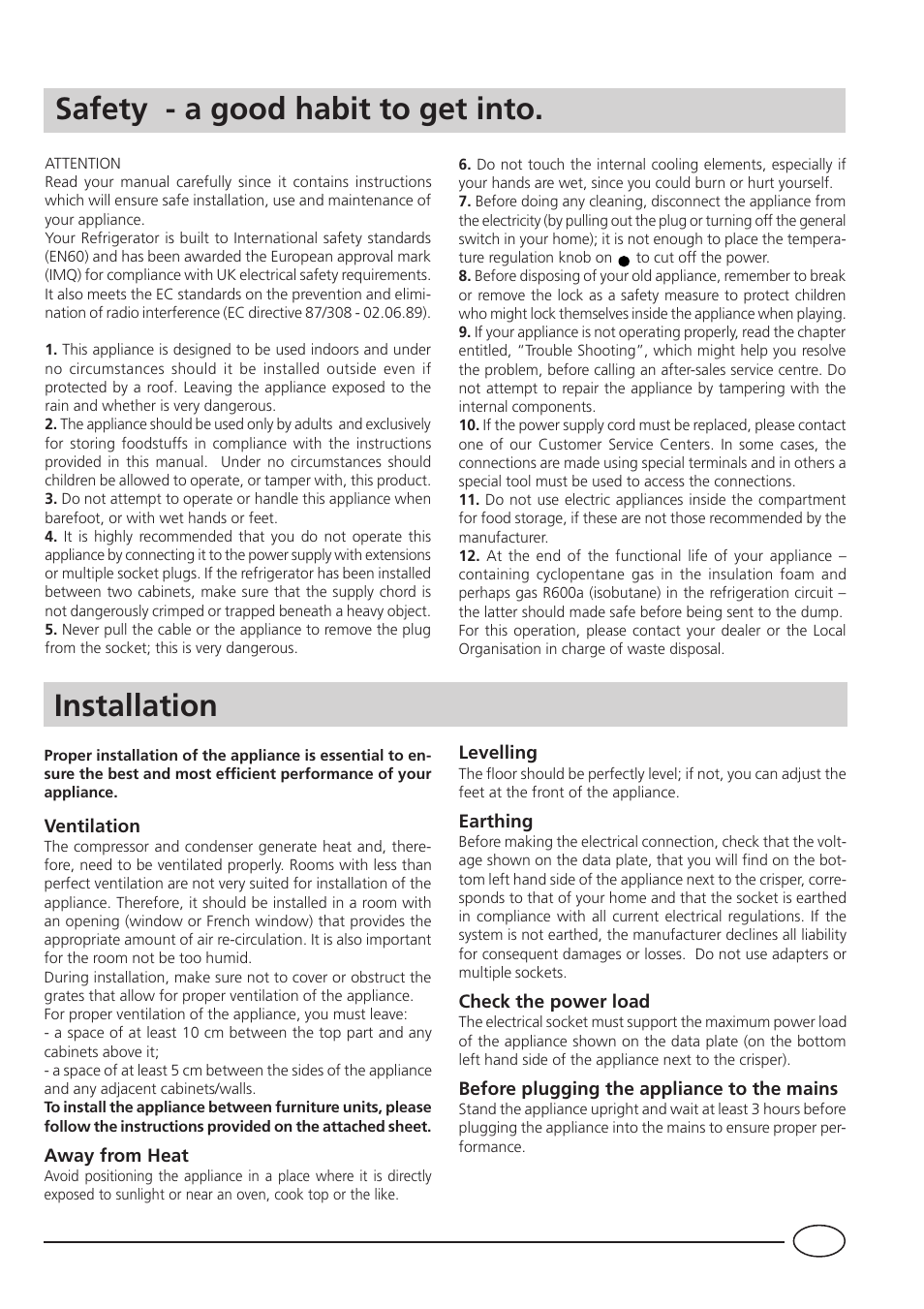 Installation, Safety - a good habit to get into | Indesit TA 5 FNF S User Manual | Page 3 / 16