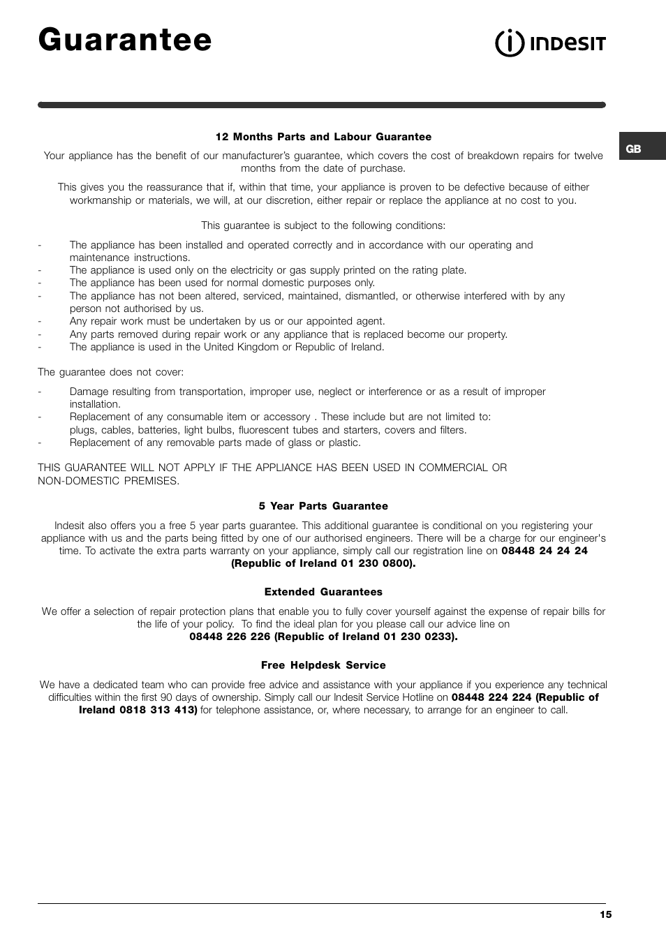 Guarantee | Indesit SIXL 145 User Manual | Page 15 / 16