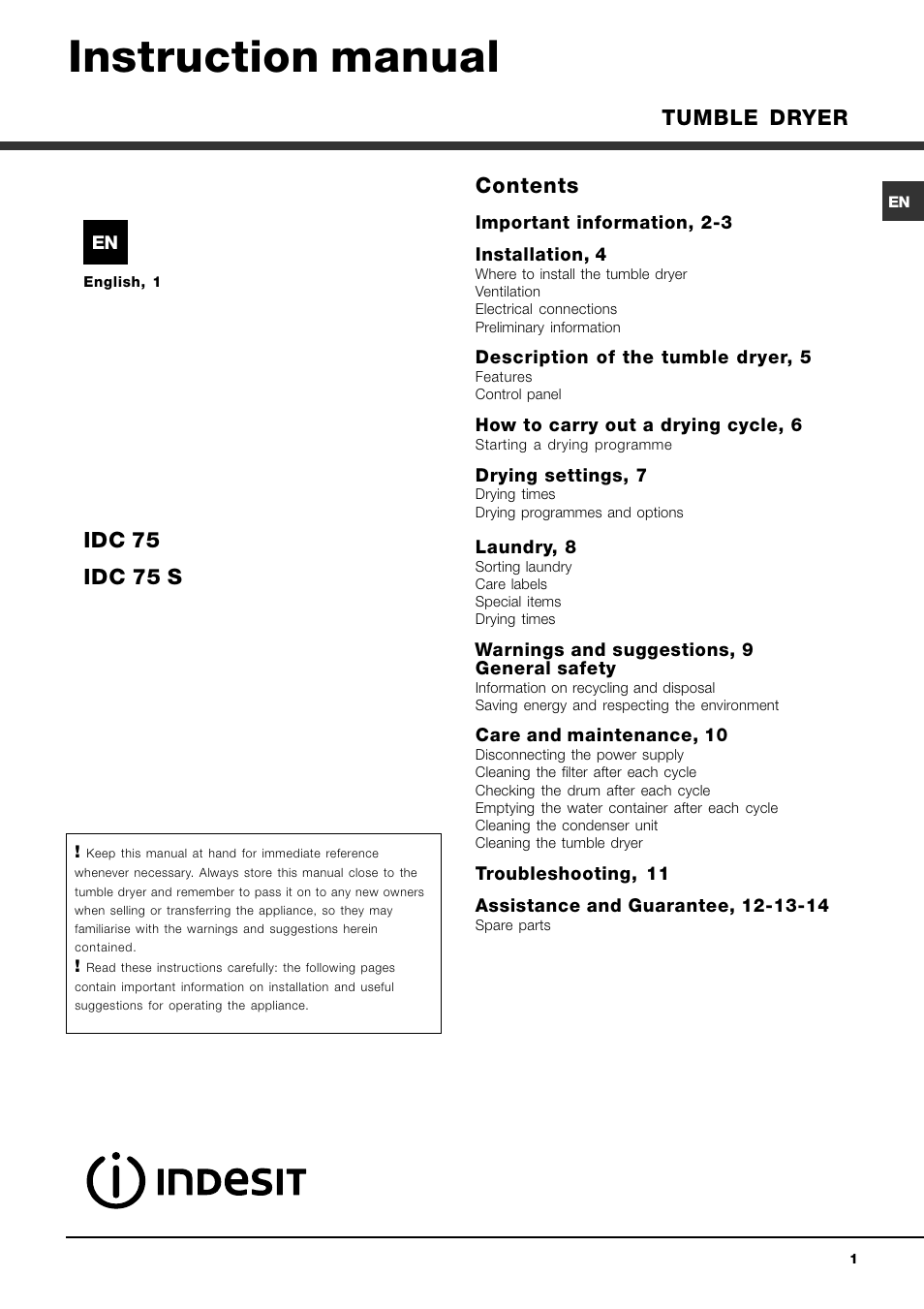 Indesit IDC 75 User Manual | 16 pages