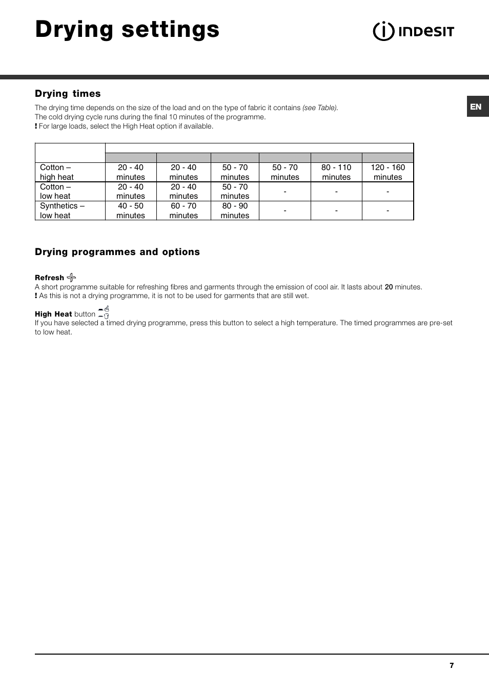 Drying settings | Indesit IDC 75 User Manual | Page 7 / 16