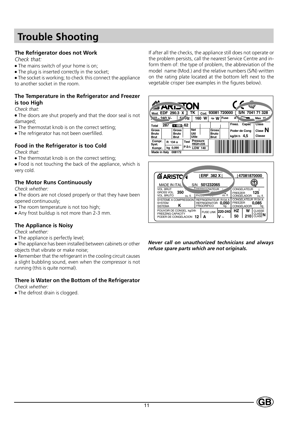 Trouble shooting, The refrigerator does not work check that, Food in the refrigerator is too cold | The motor runs continuously, The appliance is noisy, There is water on the bottom of the refrigerator, Check whether: ••••• the defrost drain is clogged | Indesit C 138 User Manual | Page 13 / 16