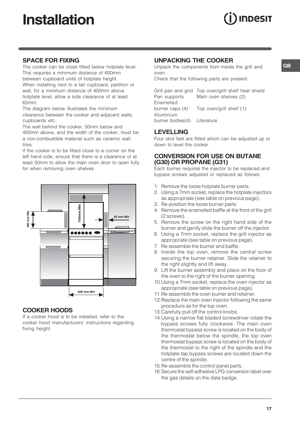 Installation, Space for fixing, Cooker hoods | Unpacking the cooker, Levelling | Indesit KD6G25SAIR User Manual | Page 17 / 24