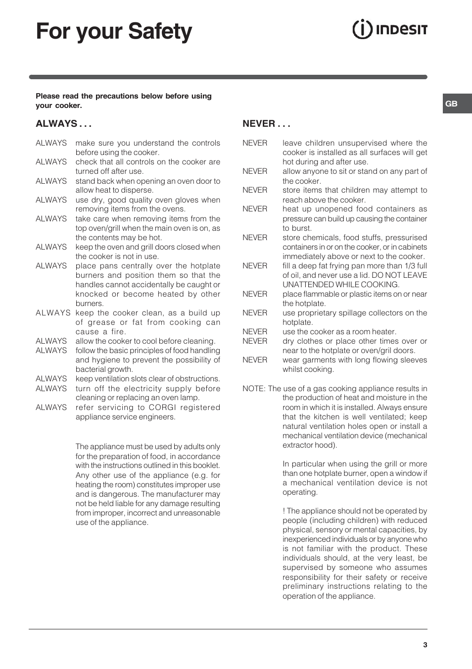 For your safety, Always, Never | Indesit KD6G25SAIR User Manual | Page 3 / 24