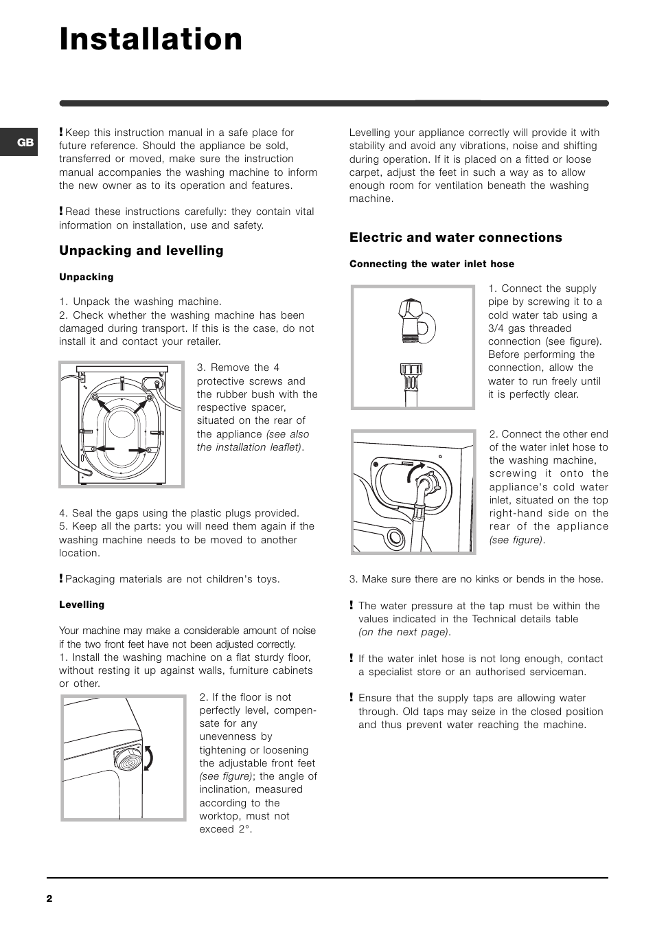 Installation, Unpacking and levelling, Electric and water connections | Indesit WIXXE 127 User Manual | Page 2 / 16